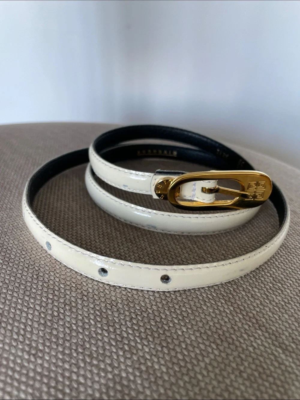 Givenchy Vintage Cream Patent Leather Slim Belt with Gold Buckle